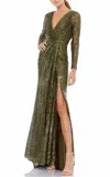 Mac Duggal Sequin Long Sleeve Gown With Plunging Neckline In Olive Green In Green