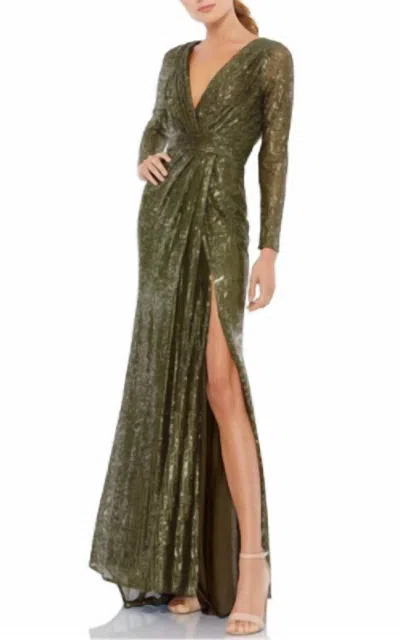 Mac Duggal Sequin Long Sleeve Gown With Plunging Neckline In Olive Green