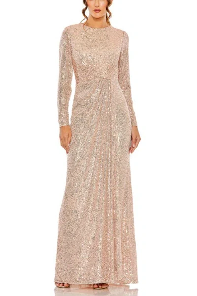 Mac Duggal Sequin Long Sleeve High Neck Column Gown In Metallic