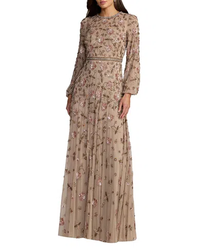Mac Duggal Sequin Mesh Blouson Long Sleeve A Line Gown In Brown
