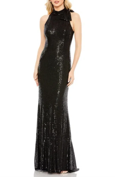 MAC DUGGAL MAC DUGGAL SEQUIN MESH GOWN WITH HIGH NECKLINE & STATEMENT SHOULDER BOW