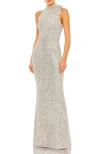Mac Duggal Metallic Column Gown In Silver