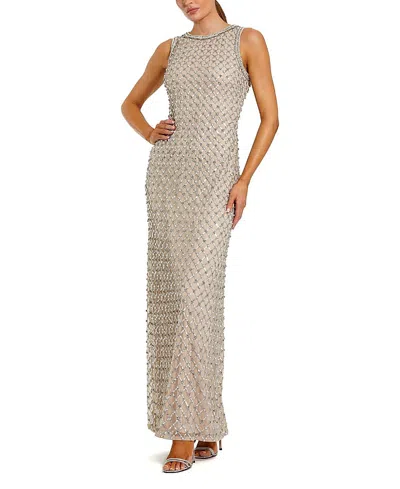 Mac Duggal Sequin Mesh High Neck Column Sleeveless Gown In Neutral