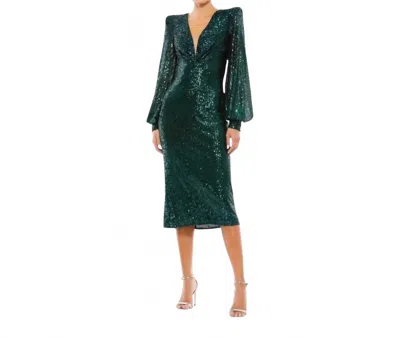 Mac Duggal Sequin Mesh Plunge Midi Dress In Black Emerald In Yellow