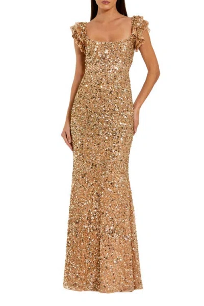 Mac Duggal Sequin Mesh Ruffle Sleeve Trumpet Evening Gown In Gold