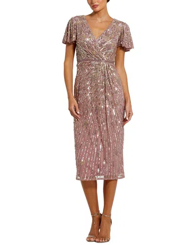 Mac Duggal Sequin Mesh V Neck Flutter Sleeve Midi Dress In Neutral