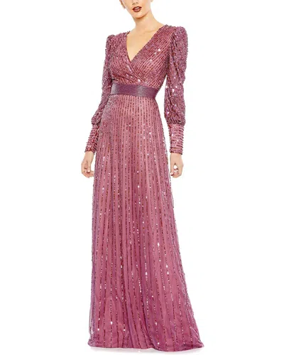 Mac Duggal Sequin Mesh Wrap Over Bishop Sleeve A-line Gown In Purple