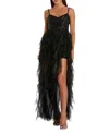 Mac Duggal Sequin Mini With High Low Ruffle Tiered Train Dress In Black