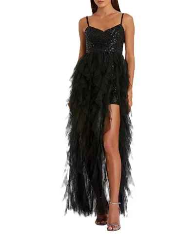 Mac Duggal Sequin Mini With High Low Ruffle Tiered Train Dress In Black