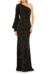 Mac Duggal Sequin One-shoulder Column Gown In Black