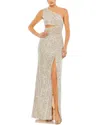 Mac Duggal Sequined One Shoulder Draped Lace Up Gown