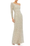 Mac Duggal Embellished One Shoulder Asymmetrical Gown In Shimmering Gold