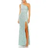 Mac Duggal Sequin One Shoulder Gown W/ Embellishments In Aqua
