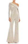 Mac Duggal Sequin One-shoulder Long Sleeve Flare Jumpsuit In Nude Silver