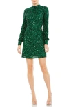 Mac Duggal Sequin Open Back Long Sleeve Cocktail Dress In Emerald