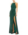 Mac Duggal Sequin Open Back Halter Neck Gown In Green