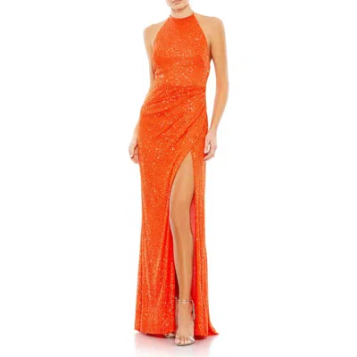 Mac Duggal Sequin Open Back Halter Neck Gown In Tangerine