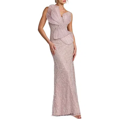 Mac Duggal Sequin Organza Strapless Bow Detail Column Gown In Pink