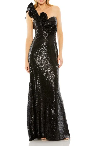 Mac Duggal Sequin Ruffled One Shoulder Gown In Black
