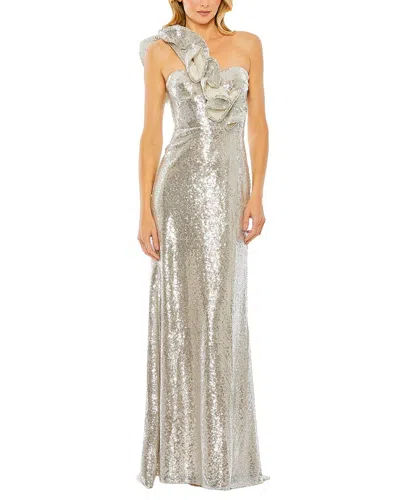 Mac Duggal 68513 Long Ruffled One Shoulder Prom Dress In Metallic