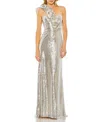 Mac Duggal Sequin Ruffled One Shoulder Gown In Nude Silver
