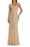 Mac Duggal Sequin Single Puff Long Sleeve One Shoulder Trumpet Gown In Multi