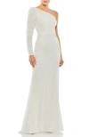 Mac Duggal Sequin Single Puff Long Sleeve One Shoulder Trumpet Gown In White