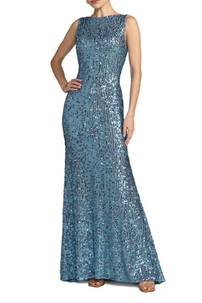 Mac Duggal Sequin Sleeveless Evening Gown With Draped Back In Blue
