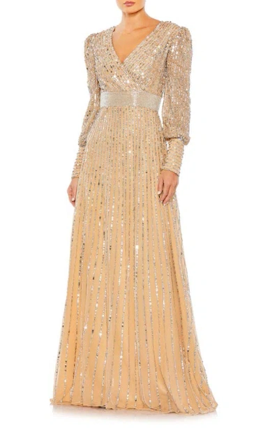Mac Duggal Sequined Wrap Over Bishop Sleeve Gown In Nude/silver