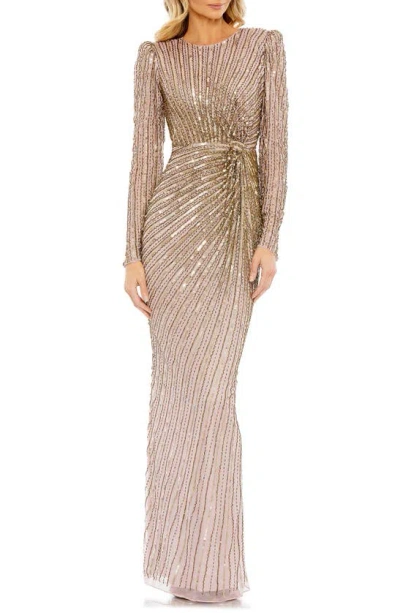 Mac Duggal Sequin Stripe Long Sleeve Sheath Gown In Mocha