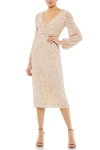 Mac Duggal Sequin Surplice Faux Wrap V Neck Blouson Sleeve Dress In Nude