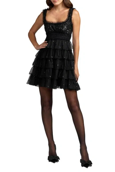 Mac Duggal Sequin Tiered Ruffle Mini Dress In Black