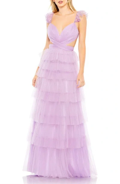 MAC DUGGAL MAC DUGGAL SEQUIN TRIM SHEER STRAP CRISSCROSS CUTOUT WAIST TIERED RUFFLE GOWN