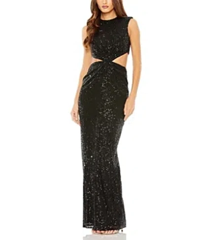 Mac Duggal Sequin Twist Cut Out Open Back Gown In Black