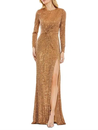Mac Duggal Sequin Twist Gown In Antique Gold In Brown