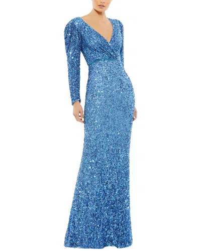 Mac Duggal Sequin V-neck Puff Long Sleeve A-line Gown In Blue