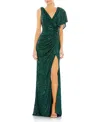 Mac Duggal Sequined Asymmetrical Draped Trumpet Gown In Emerald