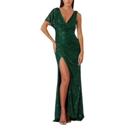 Mac Duggal Sequined Asymmetrical Draped Trumpet Gown In Green