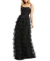 Mac Duggal Sequined Bustier Tiered Ruffle Gown In Black