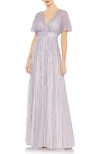 Mac Duggal Sequined Butterfly Sleeve A Line Gown In Silver