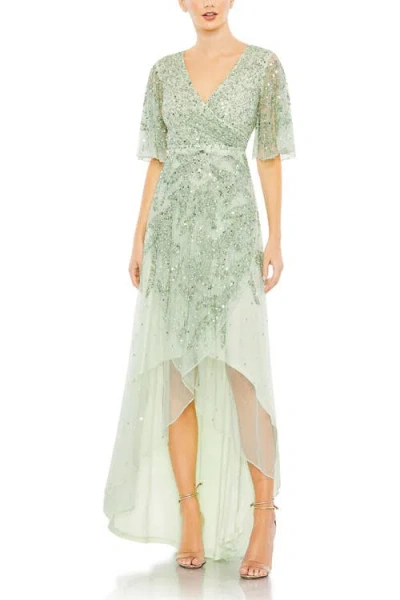 Mac Duggal Sequined Butterfly Sleeve High Low Gown