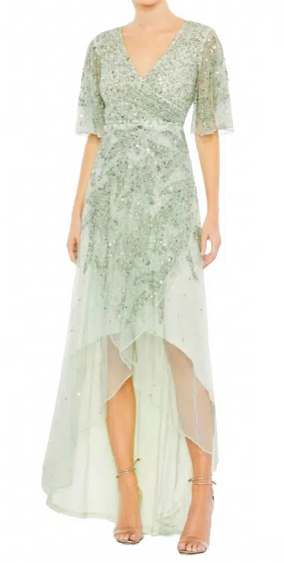 Mac Duggal Sequined Butterfly Sleeve High Low Gown In Sage Green