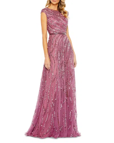 MAC DUGGAL SEQUINED CAP SLEEVE BOAT NECK GOWN
