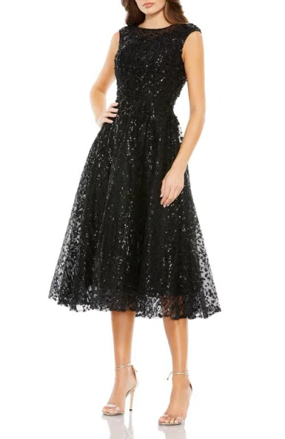 Mac Duggal Sequined Cap Sleeve Fit And Flare Dress In Black