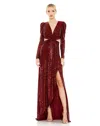 Mac Duggal Sequined Criss Cross Long Sleeve Gown In Burgundy