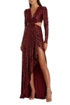 Mac Duggal Sequined Criss Cross Long Sleeve Gown In Wine