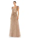 Mac Duggal Sequined Cut Out Ruffled Cap Sleeve Lace Up Gown In Multi