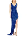 Mac Duggal Sequined Draped Faux Wrap Asymmetrical Gown In Blue