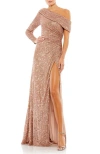 Mac Duggal Sequined Drop Shoulder Faux Wrap Gown In Neutral