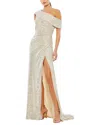 Mac Duggal Off-the-shoulder Beaded Side Shirred Gown In Neutral